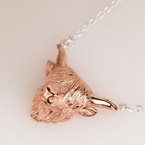 Highland Cow necklace. 16-18”. 18c rose gold vermeil & sterling silver chain.